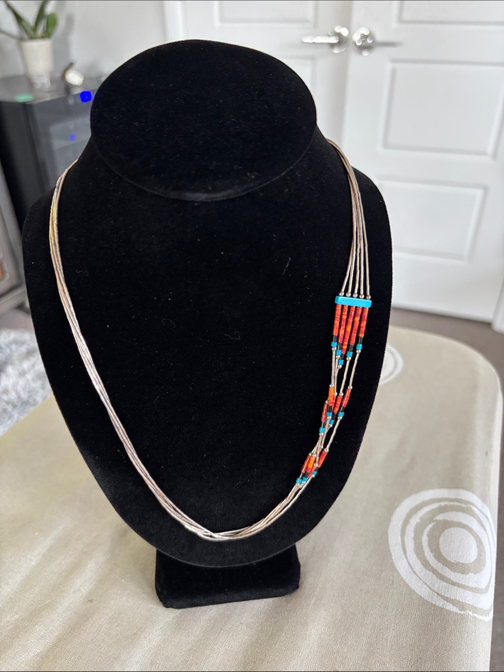 Multistrand Sterling Silver Necklace with Coral and Turquoise Beads